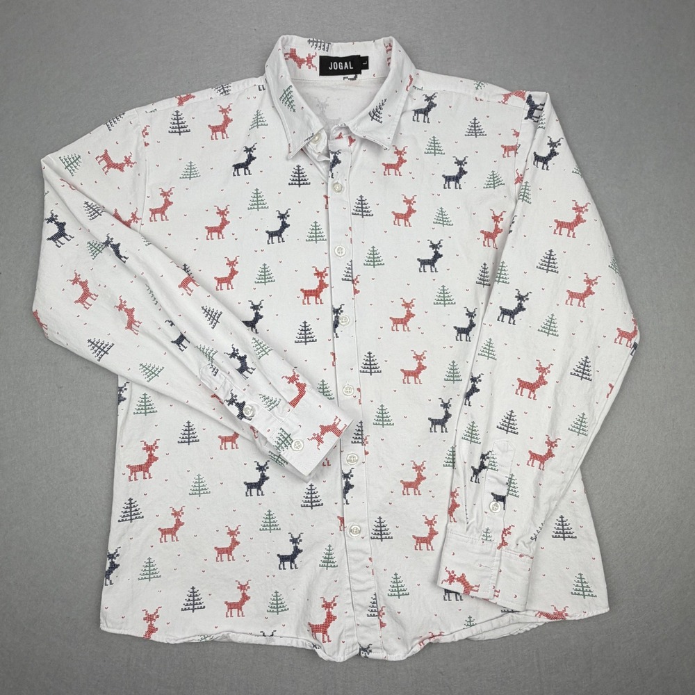 Jogal Mens Reindeer Pine Tree Christmas Button Down Shirt White Large Cotton